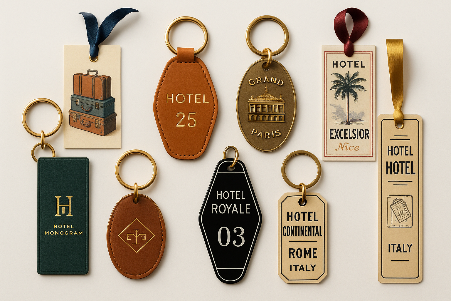 Hotel keychains and bookmarks 